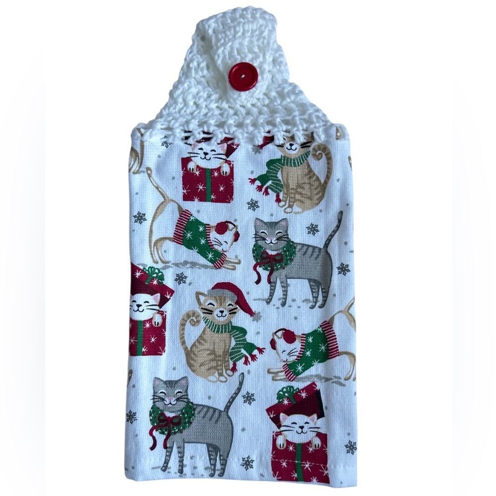 HAND CRAFTED Colorful Christmas Cats Crochet Top Hanging Kitchen Hand Towel